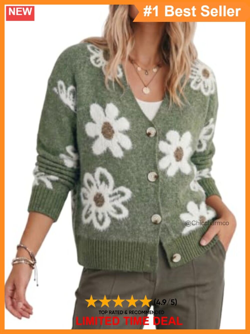 Womens Floral Knit Open Front Cardigan Long Sleeve Button Sweater